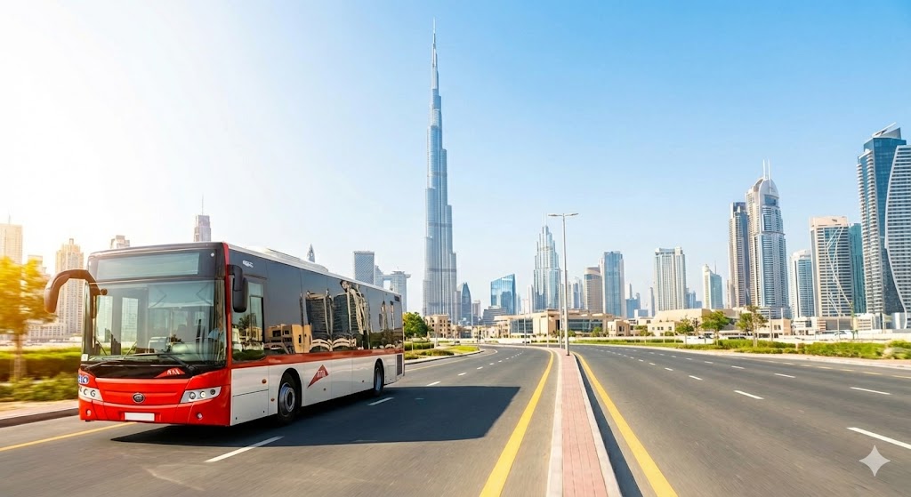 Bus driving with skyscrapers in background in Dubai