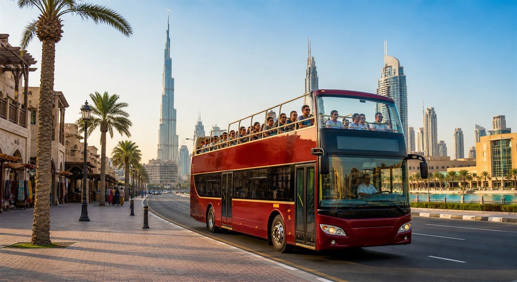 Dubai hop-on hop-off bus tour featured image with open-top sightseeing bus and skyline