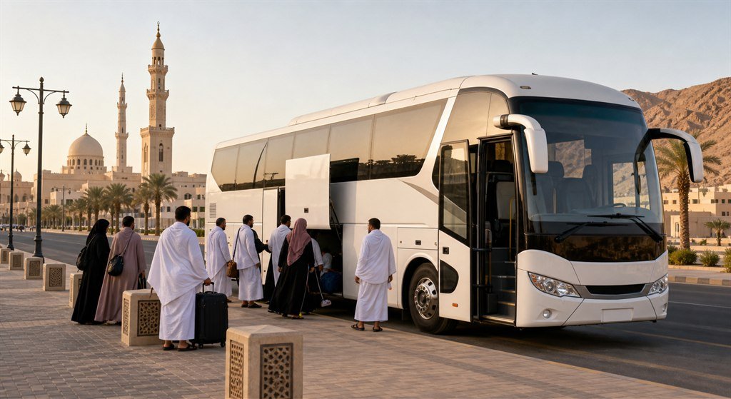 Umrah bus service guide featured image with intercity coach travel in Saudi Arabia