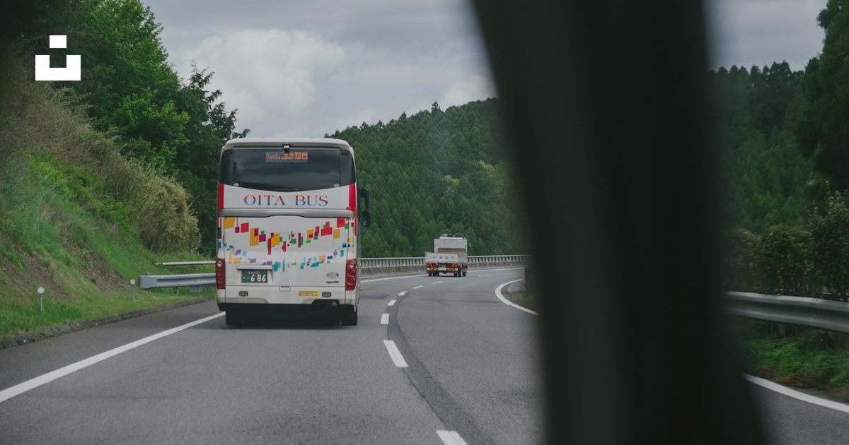 Tour bus traveling on a highway during an intercity journey