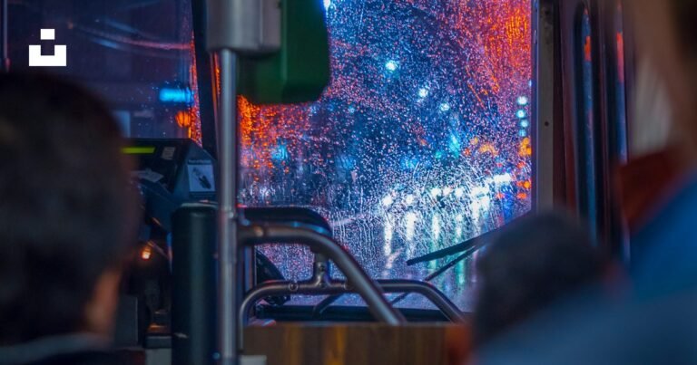 City lights viewed from a bus during an intercity journey